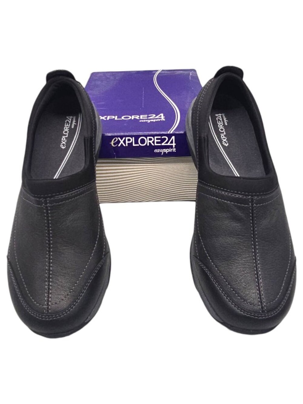 Explore24 Easy Spirit Women's 10.5W Black Leather Slip-On Shoes EZ Stretch
